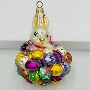 Vintage Christopher Radko Glass Ornament Hoppy Easter Bunny on Colorful Eggs 6x5
